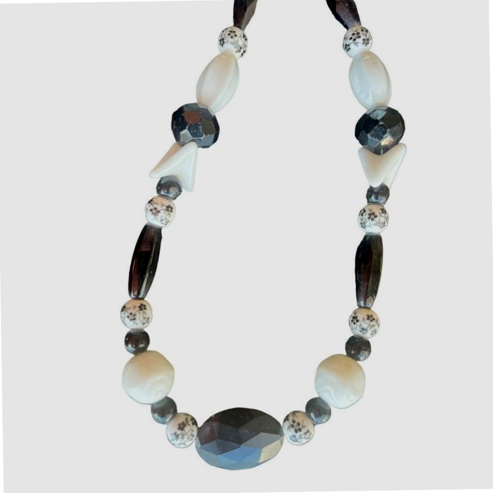 1950s Czech Mardi Gras Glass Bead Necklace Black & White Handmade Artisan Granny